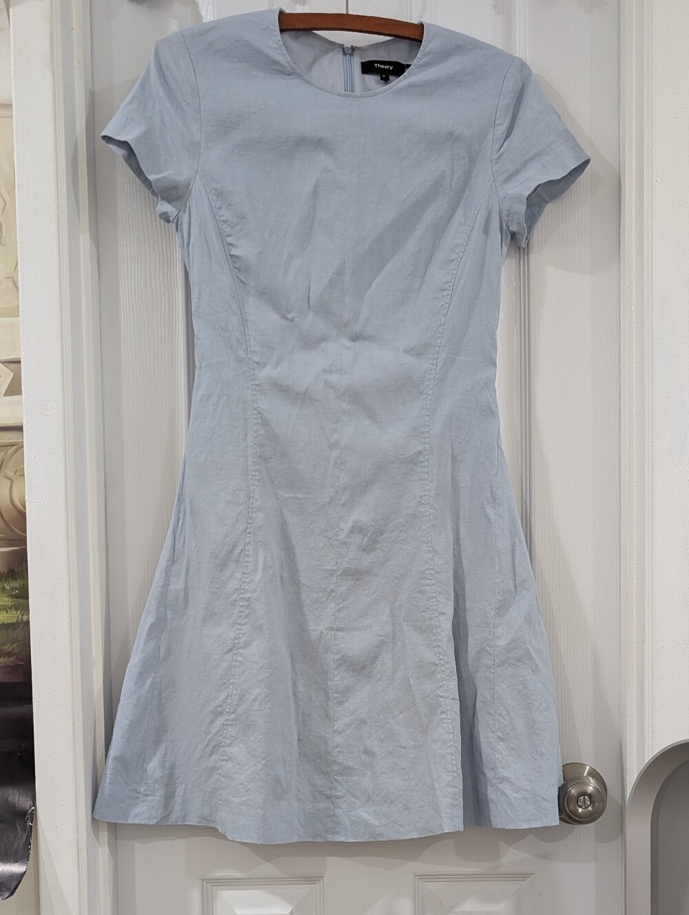 Theory Light Blue Modern Seamed Shift Organic Crunch Wash Linen Dress Size 0